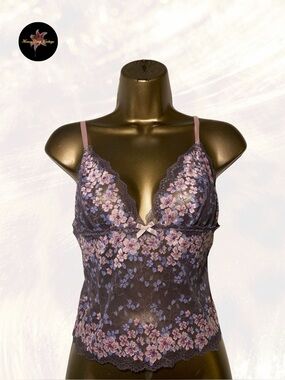 Y2K Grey Pink Floral Lace Lingerie Camisole